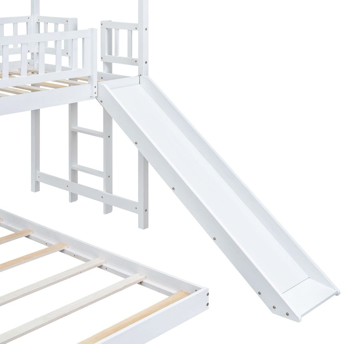 Fun Twin over Full Wood Bunk Bed with Slide, Built-in Ladder, Full-Length Guardrails, White | Just Better Bunk Beds - View 7
