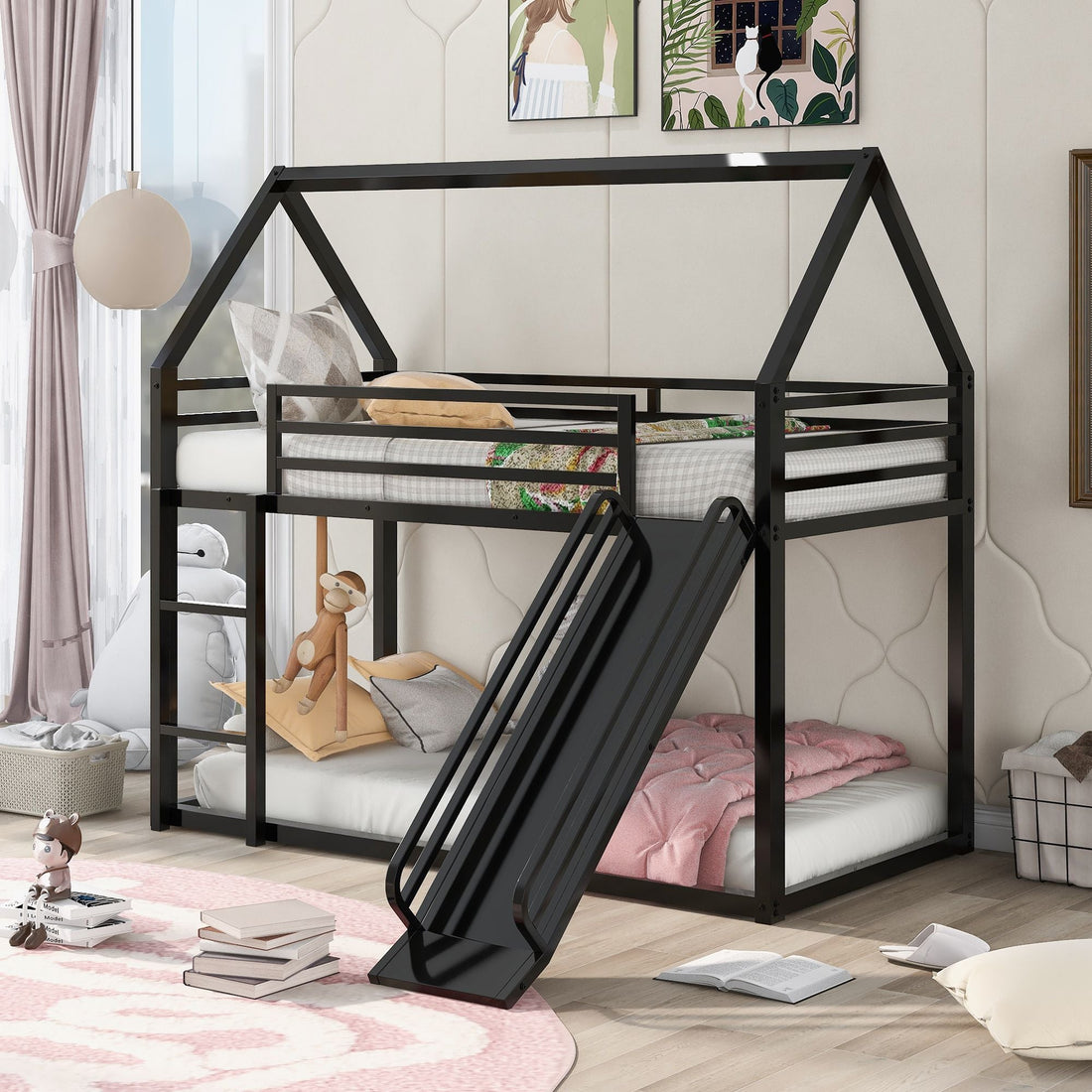 Fun Twin over Twin Metal Bunk Bed with Ladder and Slide in Black or White | Just Better Bunk Beds - View 13