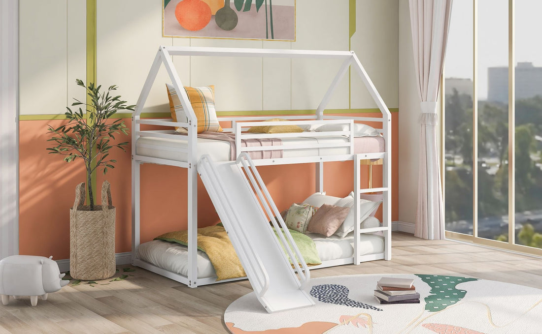 Fun Twin over Twin Metal Bunk Bed with Ladder and Slide in Black or White | Just Better Bunk Beds - Detail View