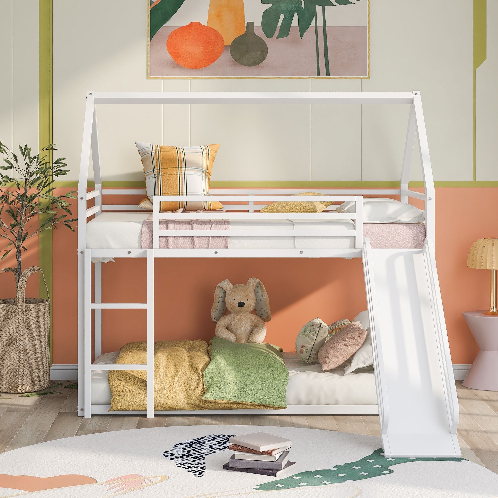 Fun Twin over Twin Metal Bunk Bed with Ladder and Slide in Black or White | Just Better Bunk Beds - Front View