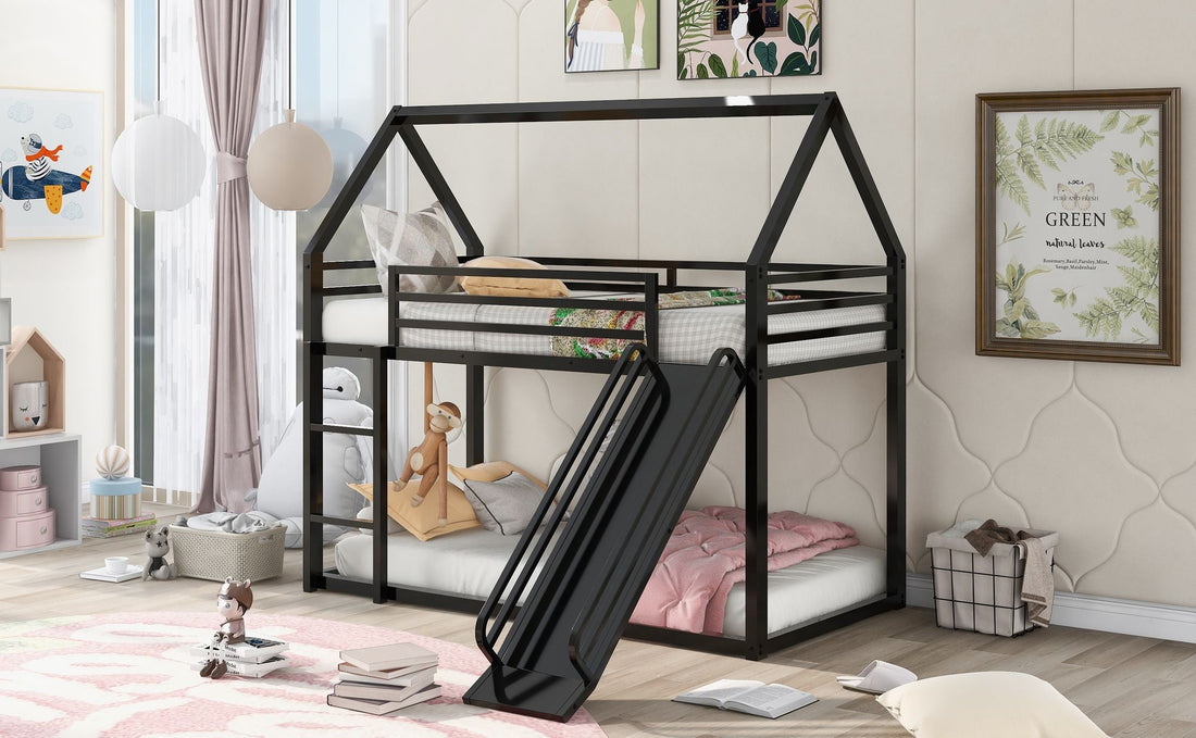 Fun Twin over Twin Metal Bunk Bed with Ladder and Slide in Black or White | Just Better Bunk Beds - View 14