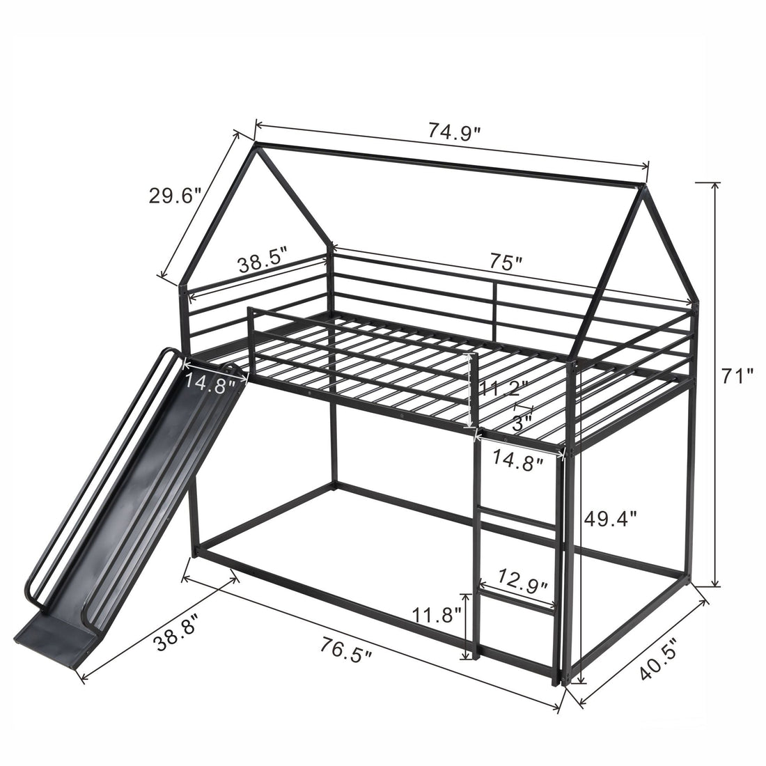 Fun Twin over Twin Metal Bunk Bed with Ladder and Slide in Black or White | Just Better Bunk Beds - View 15