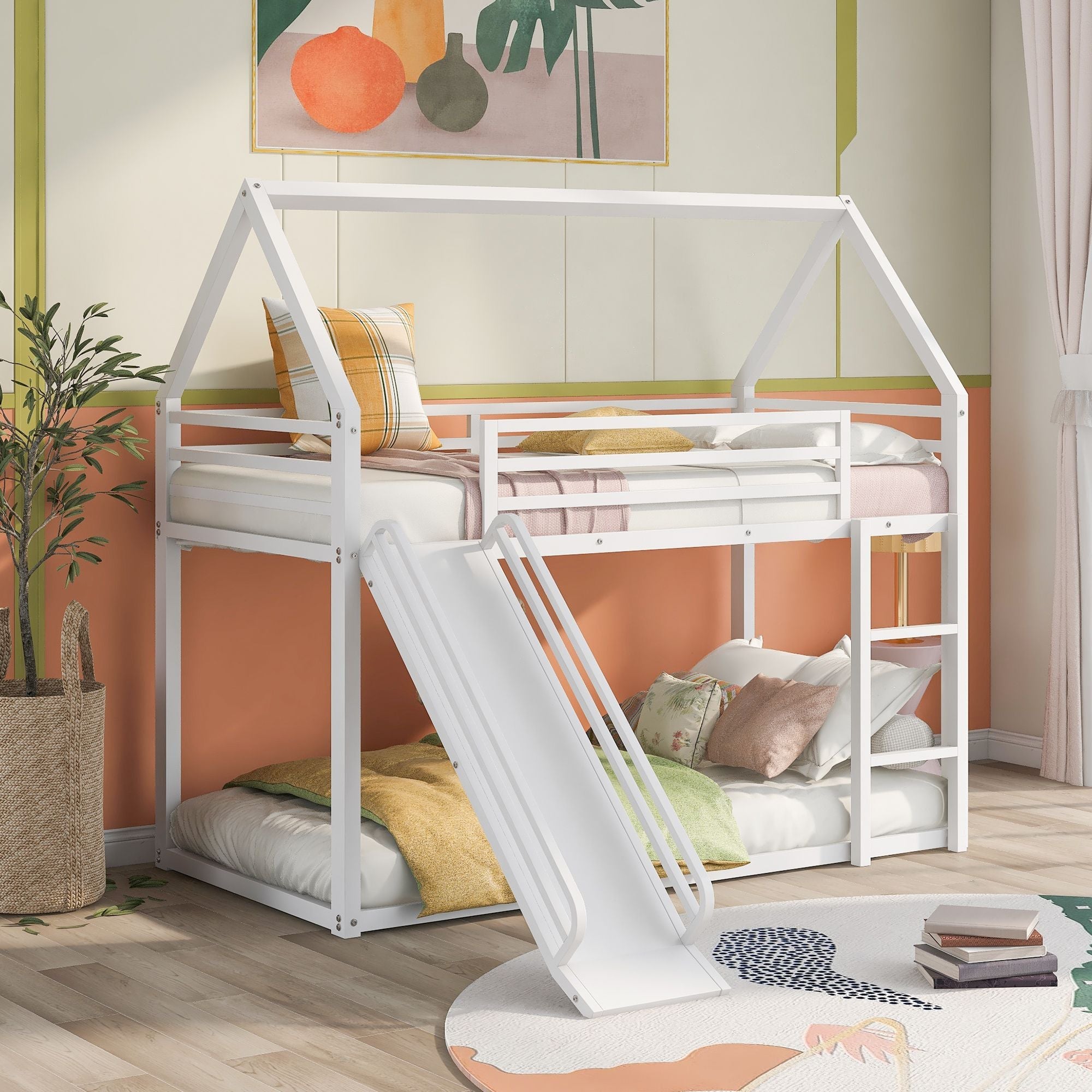 Fun Twin over Twin Metal Bunk Bed with Ladder and Slide in Black or White | Just Better Bunk Beds - Side View
