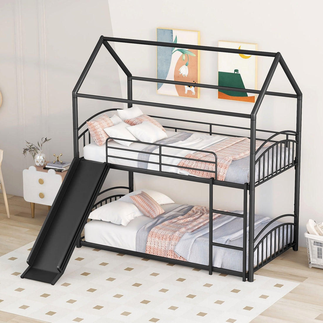 Fun Twin Over Twin Metal Bunk Bed with Slide for Kids, Black, Sturdy & Space-Saving | Just Better Bunk Beds - Detail View