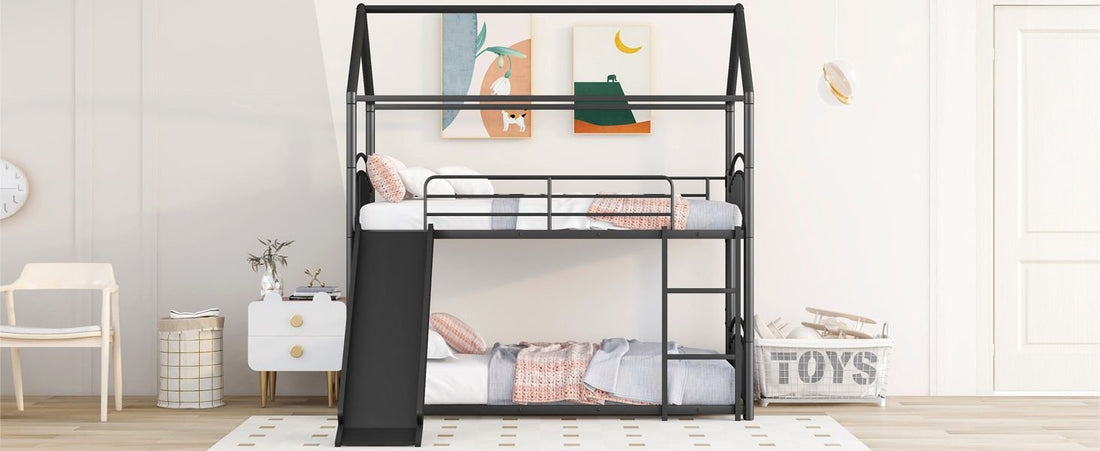 Fun Twin Over Twin Metal Bunk Bed with Slide for Kids, Black, Sturdy & Space-Saving | Just Better Bunk Beds - View 7