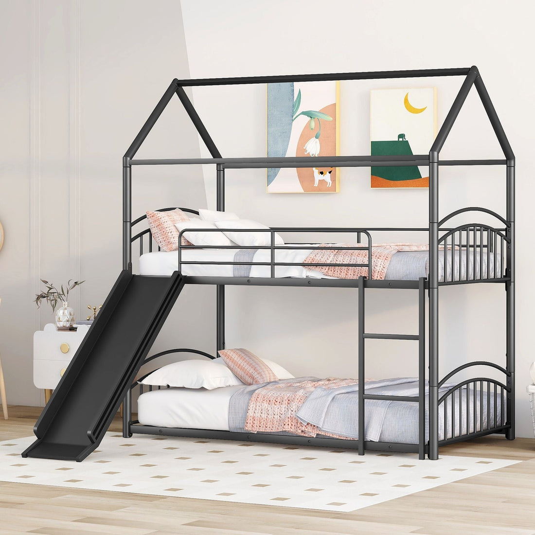 Fun Twin Over Twin Metal Bunk Bed with Slide for Kids, Black, Sturdy & Space-Saving | Just Better Bunk Beds - Front View