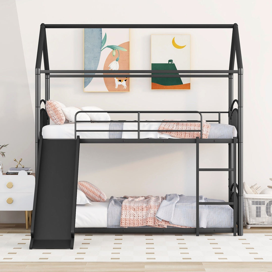 Fun Twin Over Twin Metal Bunk Bed with Slide for Kids, Black, Sturdy & Space-Saving | Just Better Bunk Beds - Assembly View