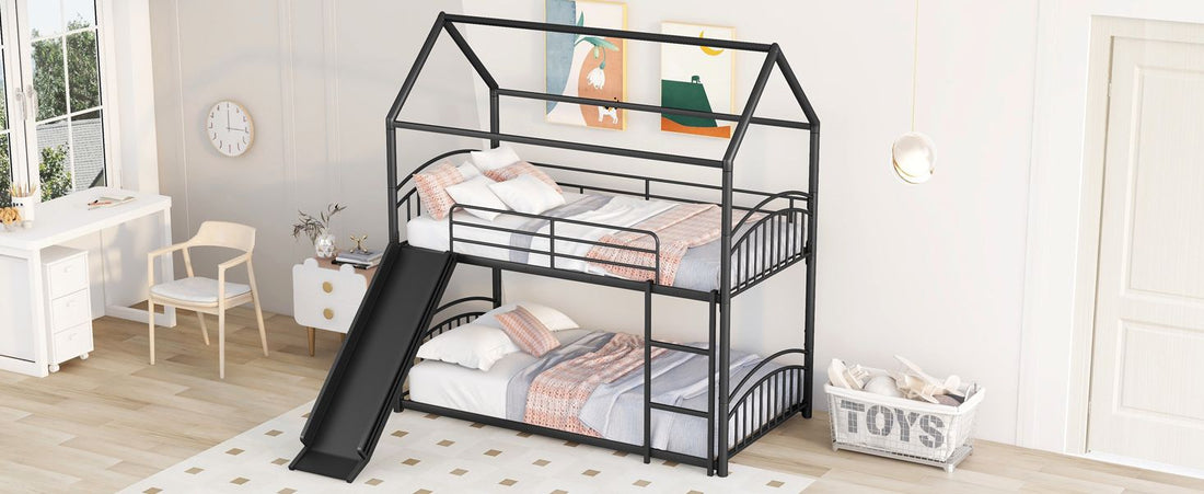 Fun Twin Over Twin Metal Bunk Bed with Slide for Kids, Black, Sturdy & Space-Saving | Just Better Bunk Beds - View 9