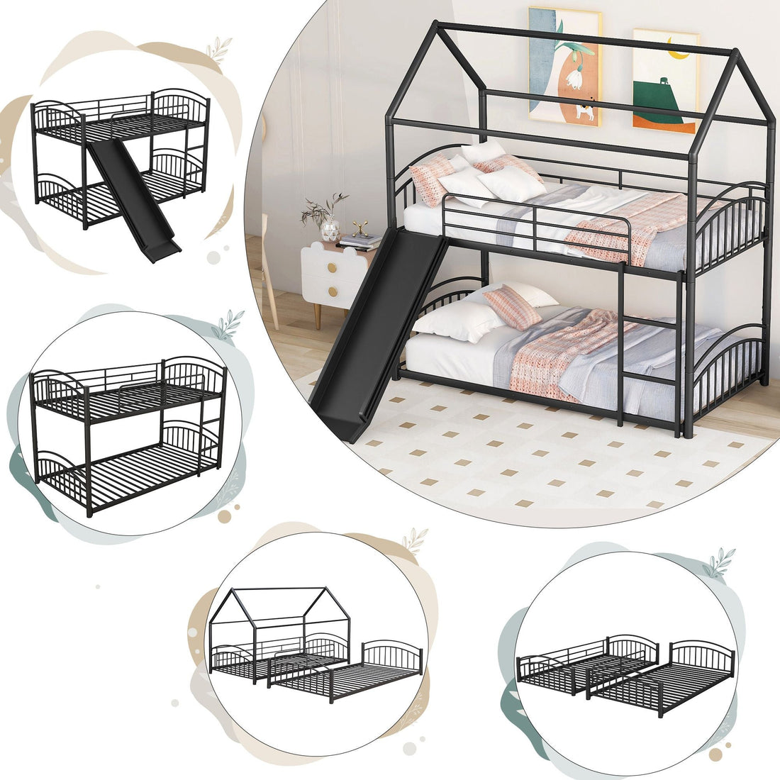 Fun Twin Over Twin Metal Bunk Bed with Slide for Kids, Black, Sturdy & Space-Saving | Just Better Bunk Beds - Side View