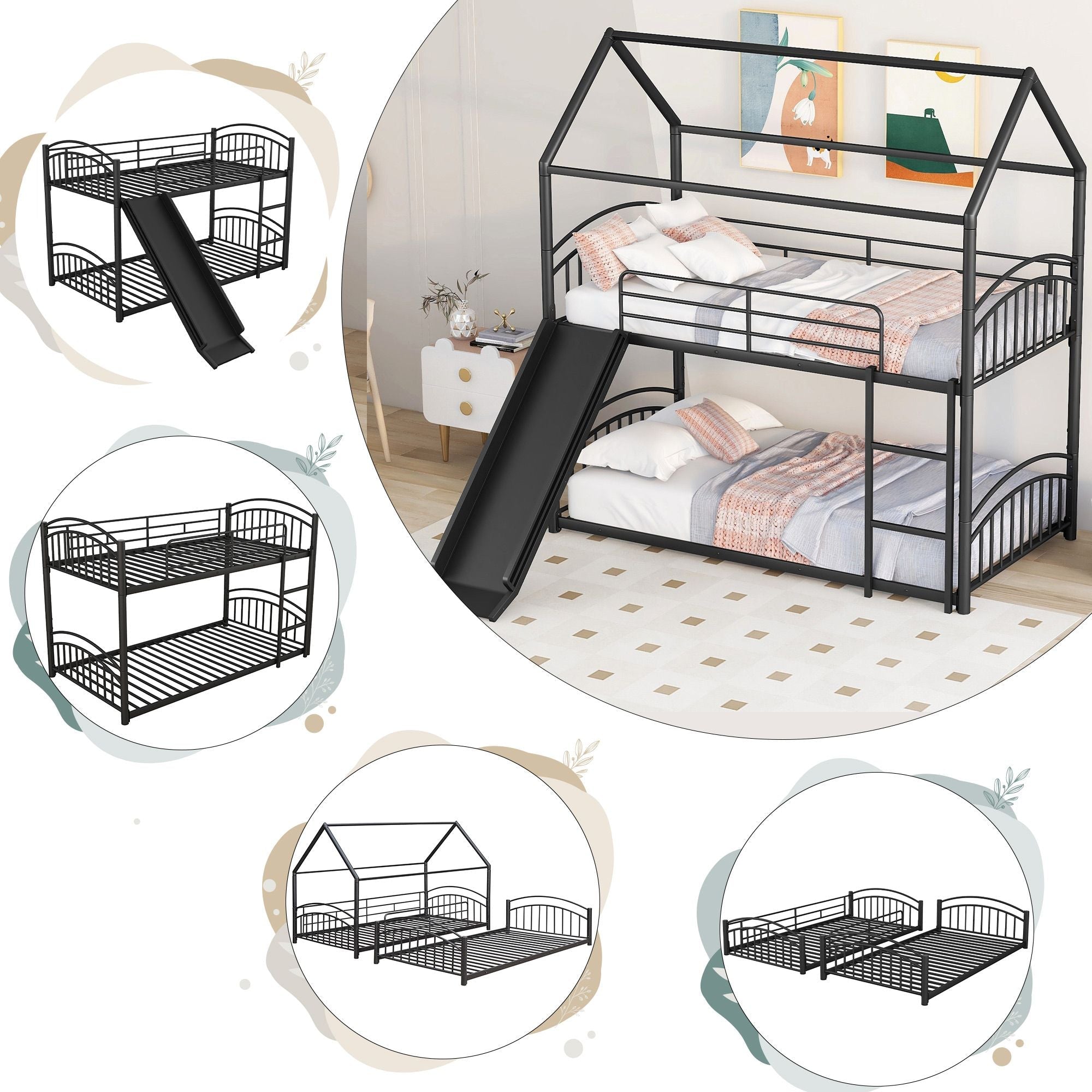 Fun Twin Over Twin Metal Bunk Bed with Slide for Kids, Black, Sturdy & Space-Saving | Just Better Bunk Beds - Side View
