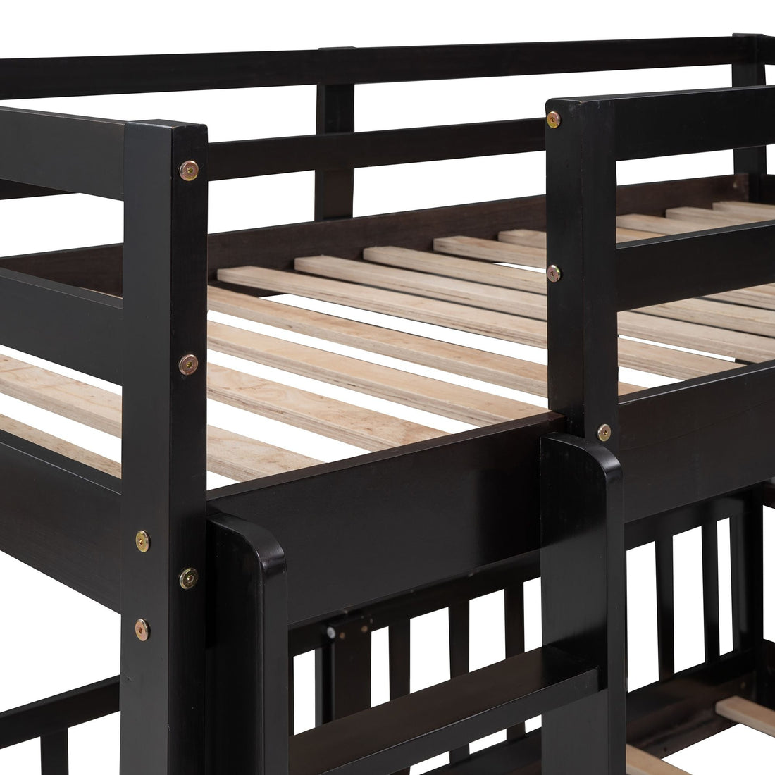 Fun Twin Over Twin Wood Bunk Bed with Slide and Reversible Ladder, White, Gray, Espresso | Just Better Bunk Beds - View 45