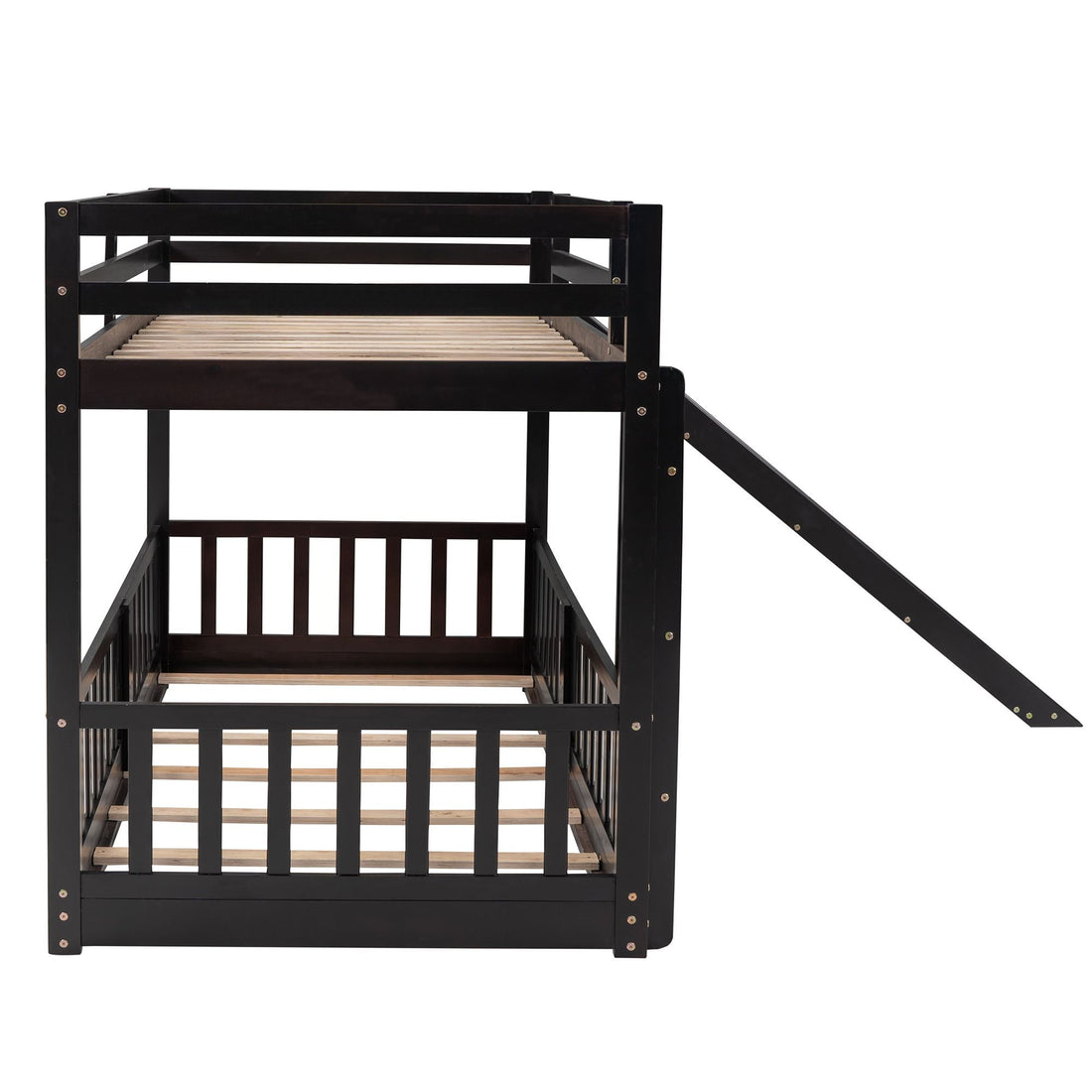 Fun Twin Over Twin Wood Bunk Bed with Slide and Reversible Ladder, White, Gray, Espresso | Just Better Bunk Beds - View 46