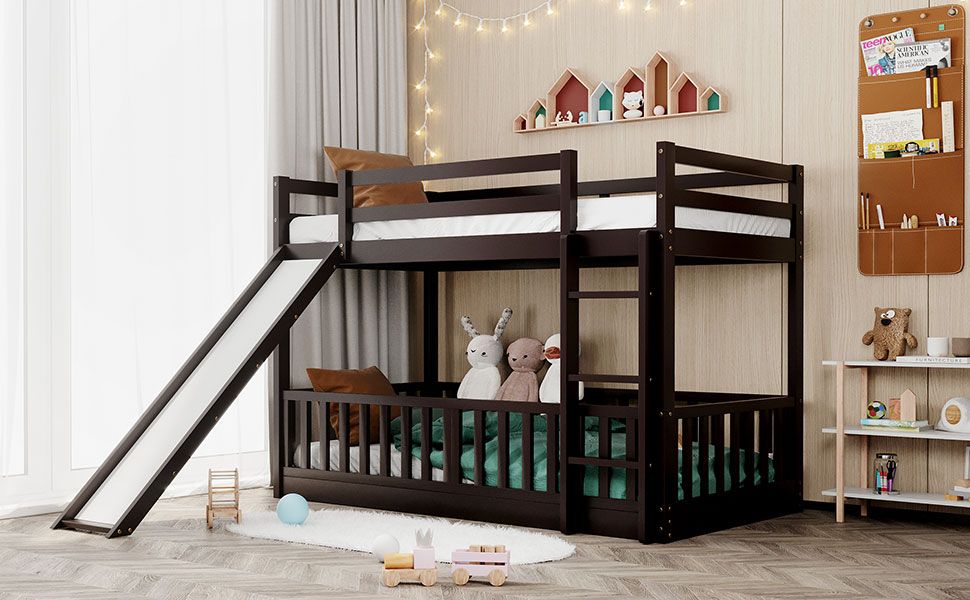 Fun Twin Over Twin Wood Bunk Bed with Slide and Reversible Ladder, White, Gray, Espresso | Just Better Bunk Beds - View 53