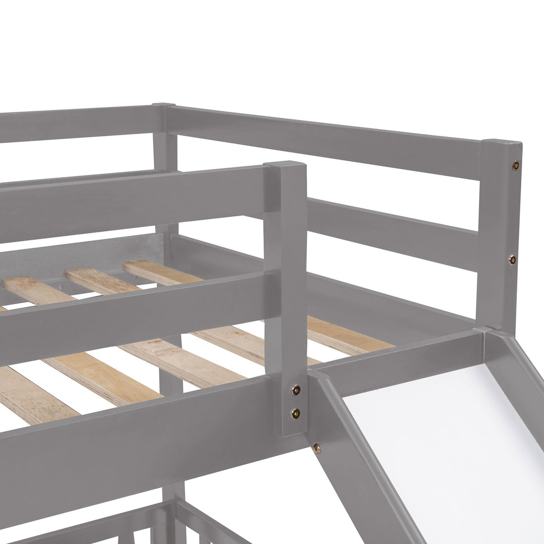 Fun Twin Over Twin Wood Bunk Bed with Slide and Reversible Ladder, White, Gray, Espresso | Just Better Bunk Beds - View 7