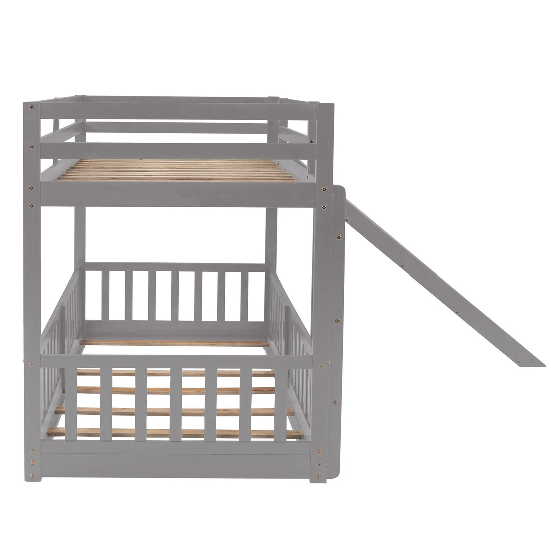 Fun Twin Over Twin Wood Bunk Bed with Slide and Reversible Ladder, White, Gray, Espresso | Just Better Bunk Beds - View 11