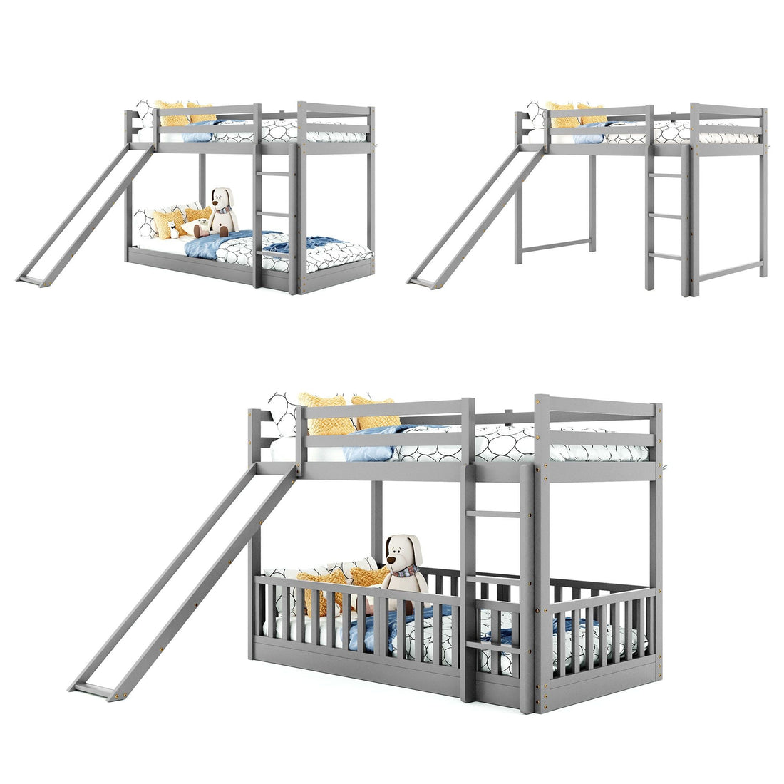 Fun Twin Over Twin Wood Bunk Bed with Slide and Reversible Ladder, White, Gray, Espresso | Just Better Bunk Beds - Assembly View