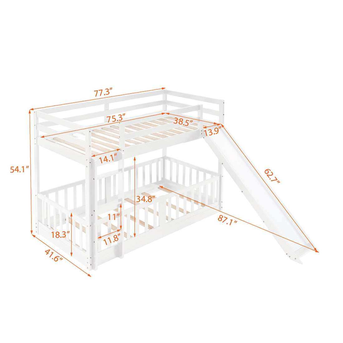 Fun Twin Over Twin Wood Bunk Bed with Slide and Reversible Ladder, White, Gray, Espresso | Just Better Bunk Beds - View 36