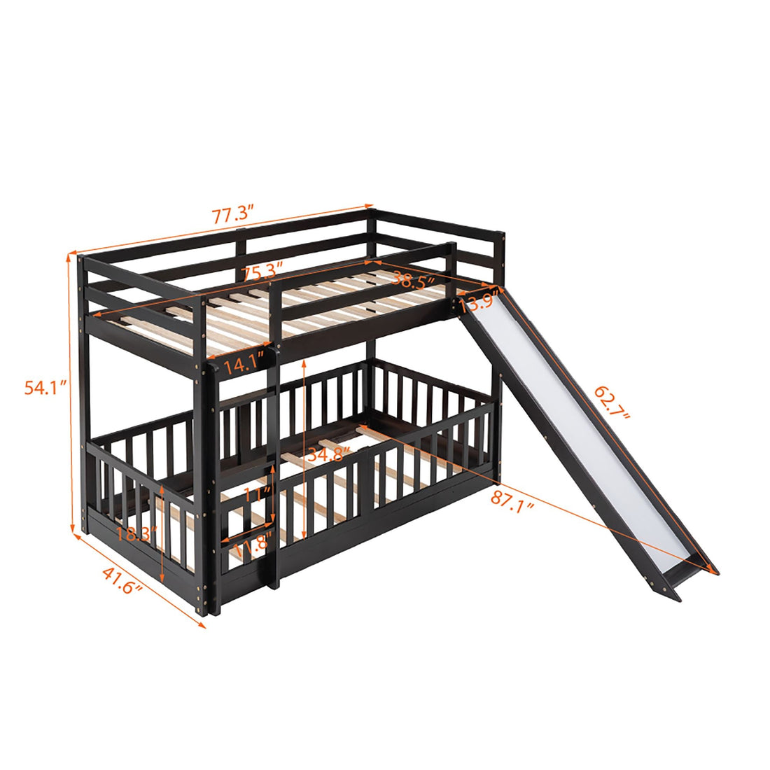 Fun Twin Over Twin Wood Bunk Bed with Slide and Reversible Ladder, White, Gray, Espresso | Just Better Bunk Beds - View 55