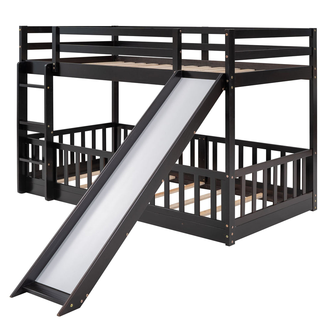 Fun Twin Over Twin Wood Bunk Bed with Slide and Reversible Ladder, White, Gray, Espresso | Just Better Bunk Beds - View 49