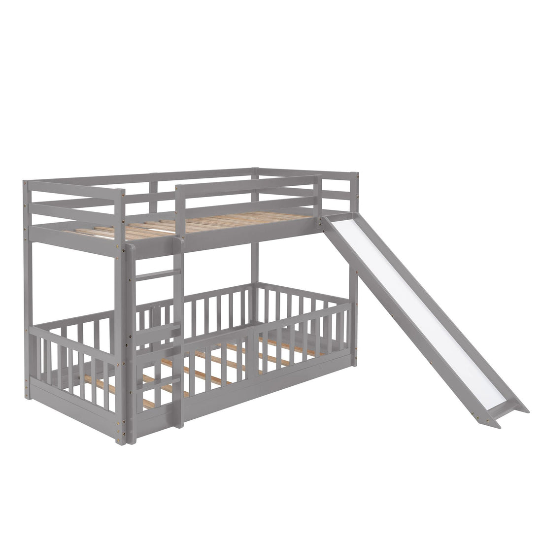 Fun Twin Over Twin Wood Bunk Bed with Slide and Reversible Ladder, White, Gray, Espresso | Just Better Bunk Beds - View 16