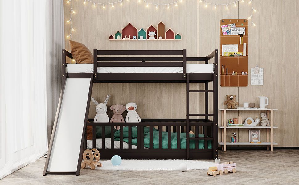Fun Twin Over Twin Wood Bunk Bed with Slide and Reversible Ladder, White, Gray, Espresso | Just Better Bunk Beds - View 40