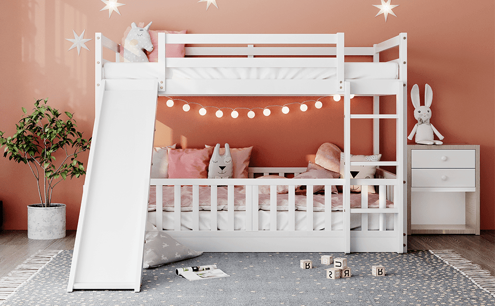 Fun Twin Over Twin Wood Bunk Bed with Slide and Reversible Ladder, White, Gray, Espresso | Just Better Bunk Beds - View 22