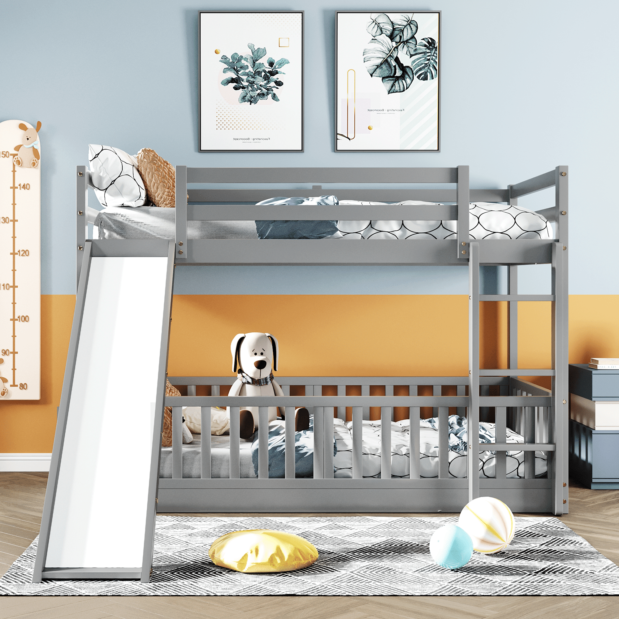 Fun Twin Over Twin Wood Bunk Bed with Slide and Reversible Ladder, White, Gray, Espresso | Just Better Bunk Beds - Front View