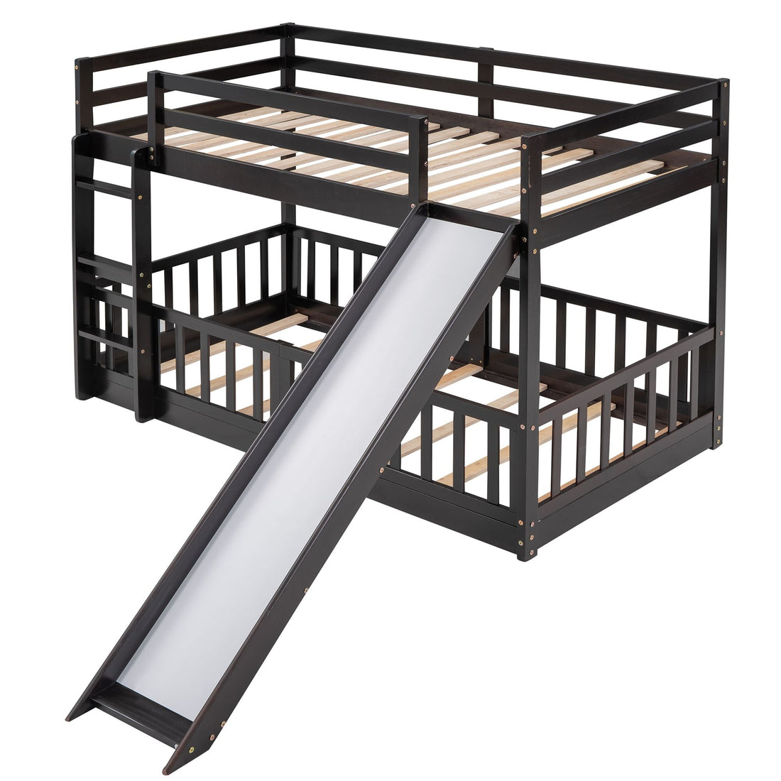 Fun Twin Over Twin Wood Bunk Bed with Slide and Reversible Ladder, White, Gray, Espresso | Just Better Bunk Beds - View 50