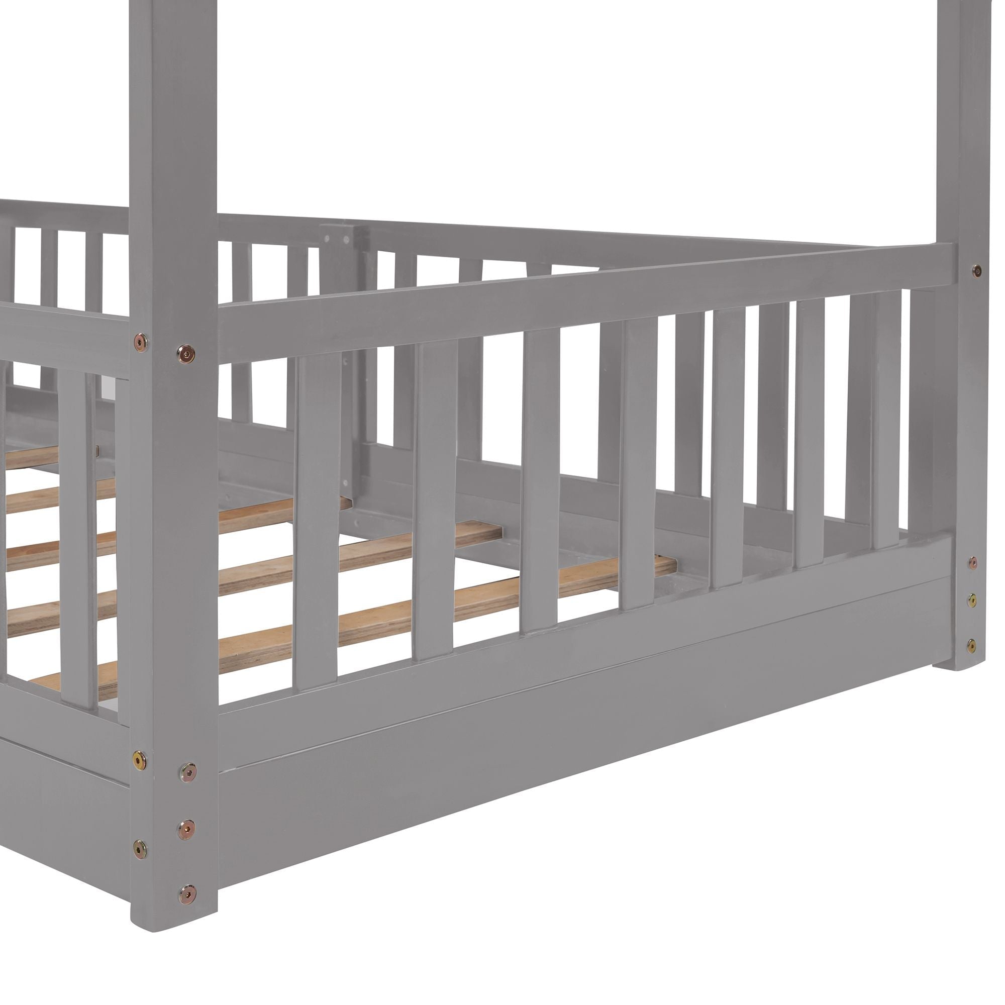Fun Twin Over Twin Wood Bunk Bed with Slide and Reversible Ladder, White, Gray, Espresso | Just Better Bunk Beds - Side View