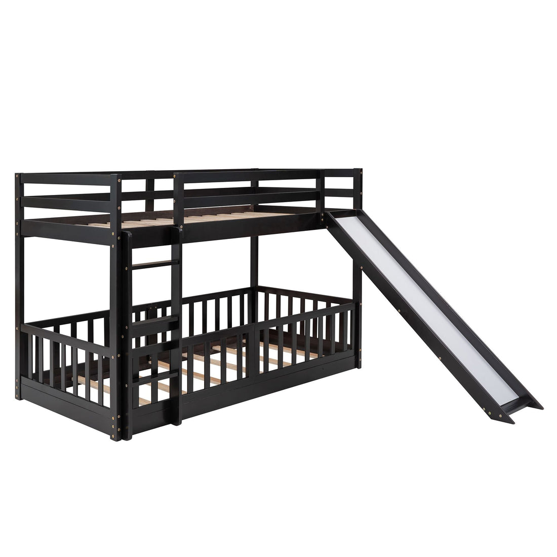 Fun Twin Over Twin Wood Bunk Bed with Slide and Reversible Ladder, White, Gray, Espresso | Just Better Bunk Beds - View 54