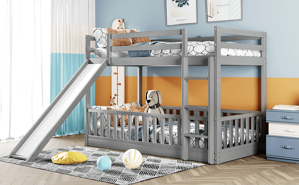 Fun Twin Over Twin Wood Bunk Bed with Slide and Reversible Ladder, White, Gray, Espresso | Just Better Bunk Beds - View 14