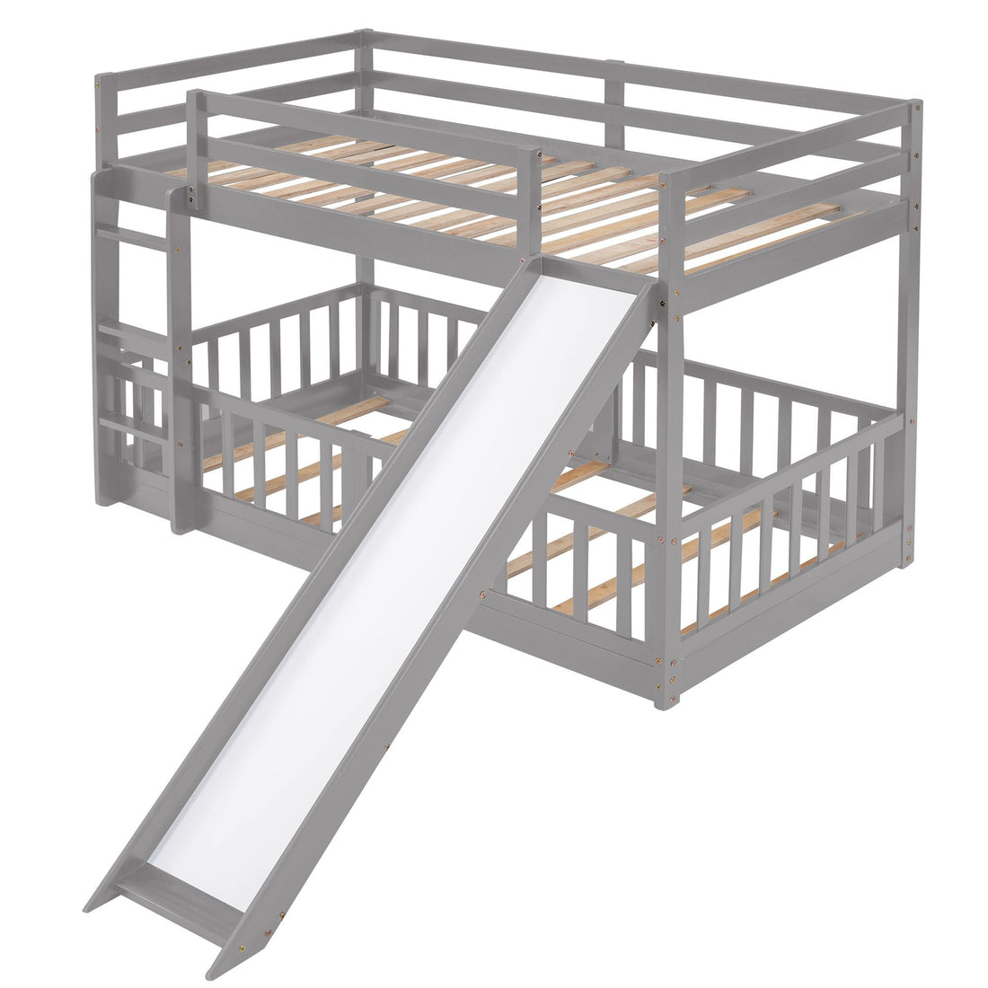 Fun Twin Over Twin Wood Bunk Bed with Slide and Reversible Ladder, White, Gray, Espresso | Just Better Bunk Beds - View 9
