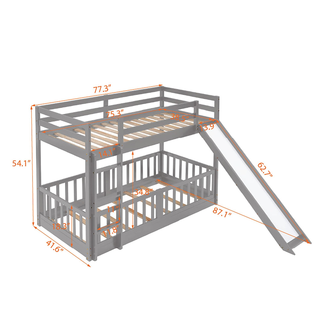 Fun Twin Over Twin Wood Bunk Bed with Slide and Reversible Ladder, White, Gray, Espresso | Just Better Bunk Beds - View 18