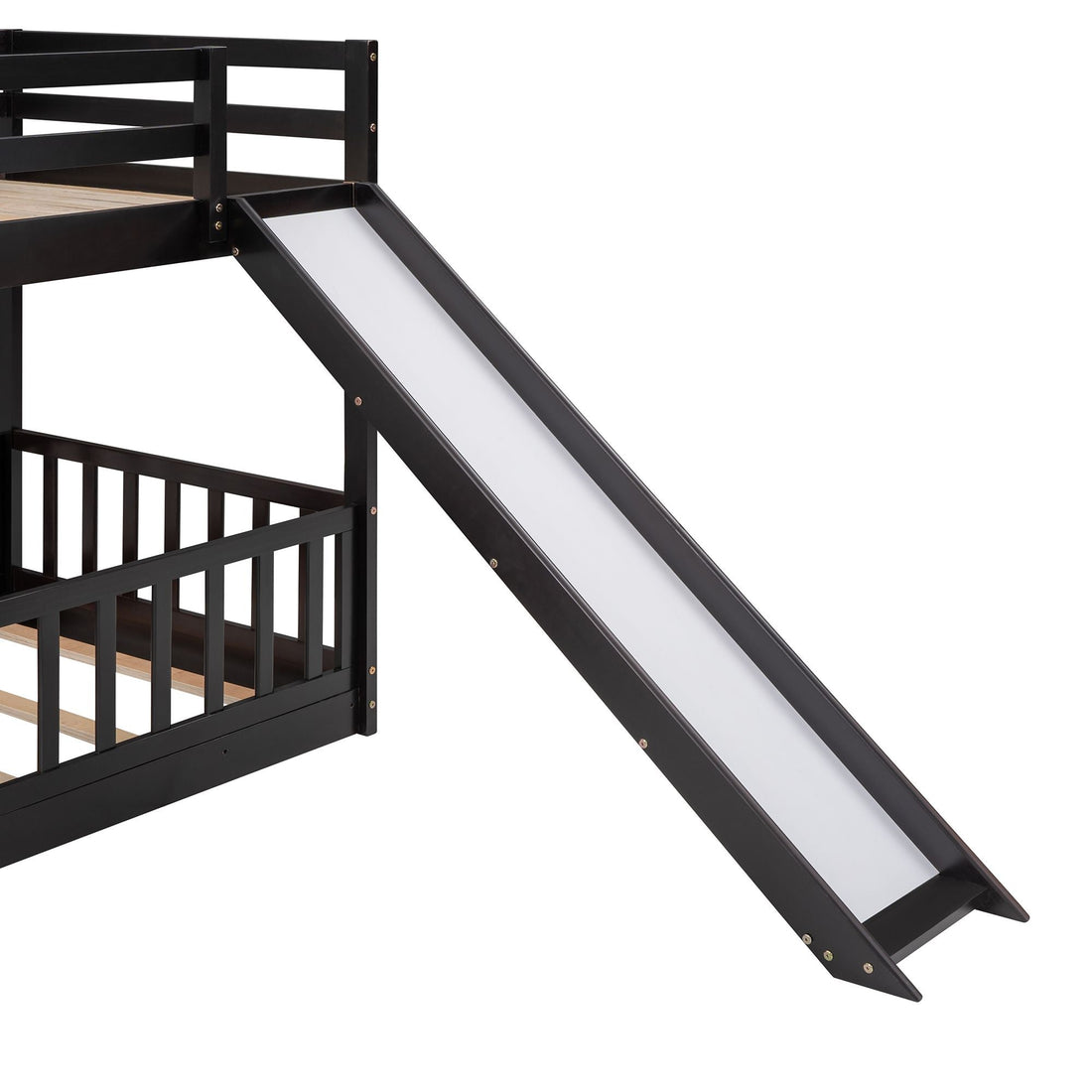 Fun Twin Over Twin Wood Bunk Bed with Slide and Reversible Ladder, White, Gray, Espresso | Just Better Bunk Beds - View 51