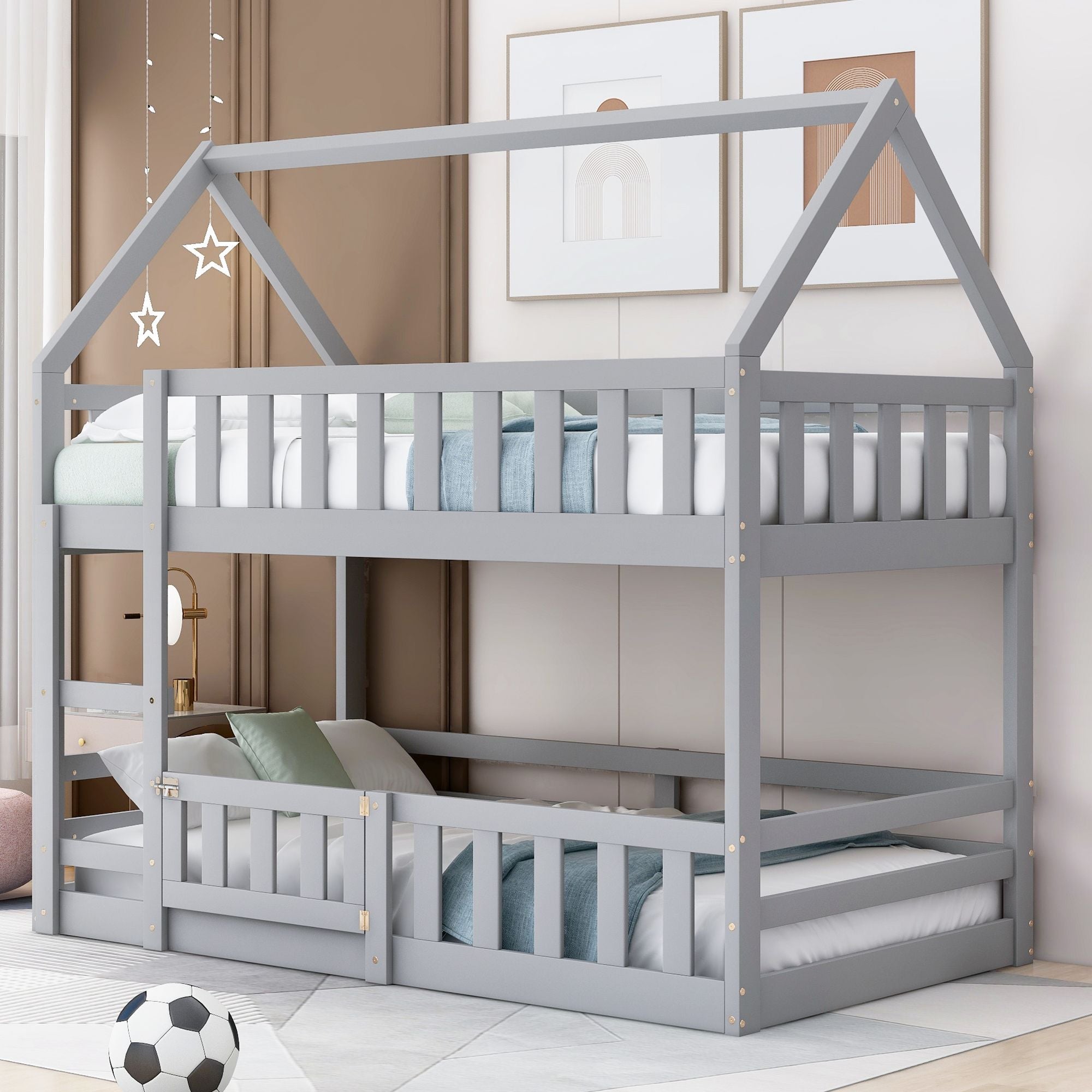 Fun Twin Over Twin Wood House Bunk Bed with Fence and Door, Gray, Pine Wood | Just Better Bunk Beds - Front View