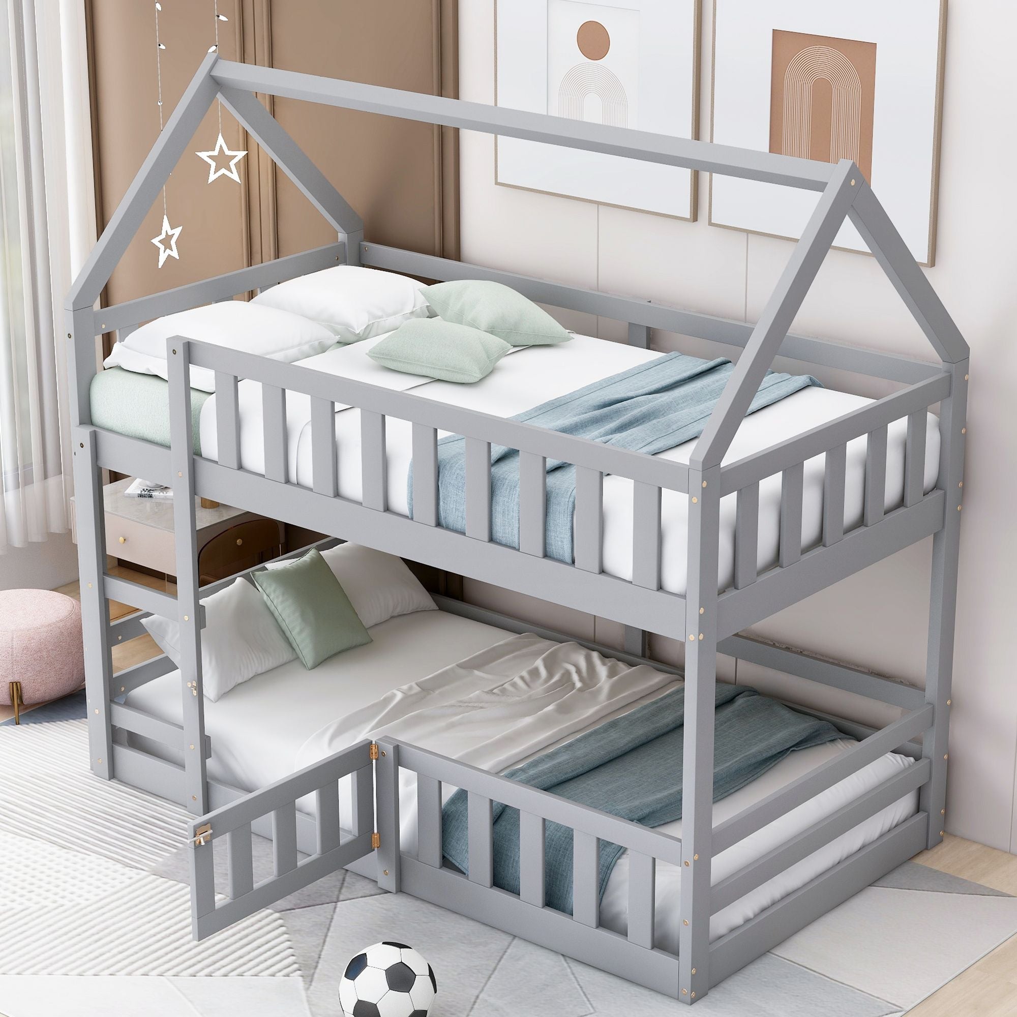 Fun Twin Over Twin Wood House Bunk Bed with Fence and Door, Gray, Pine Wood | Just Better Bunk Beds - Side View