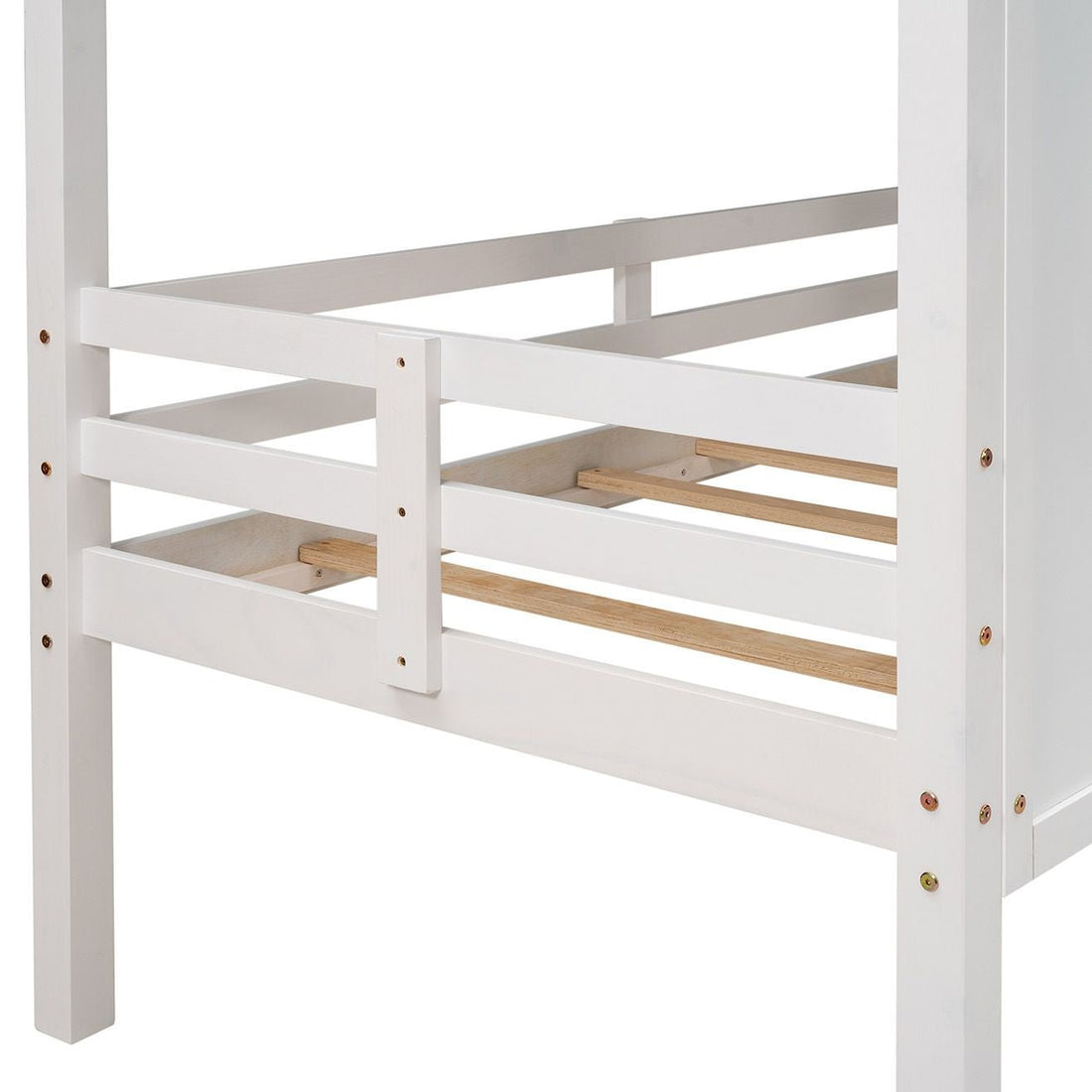 Imaginative Twin Low Loft Wood House Bed with Roof and Windows, White | Just Better Bunk Beds - Assembly View