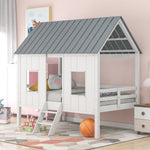 Imaginative Twin Low Loft Wood House Bed with Roof and Windows, White | Just Better Bunk Beds - Front View