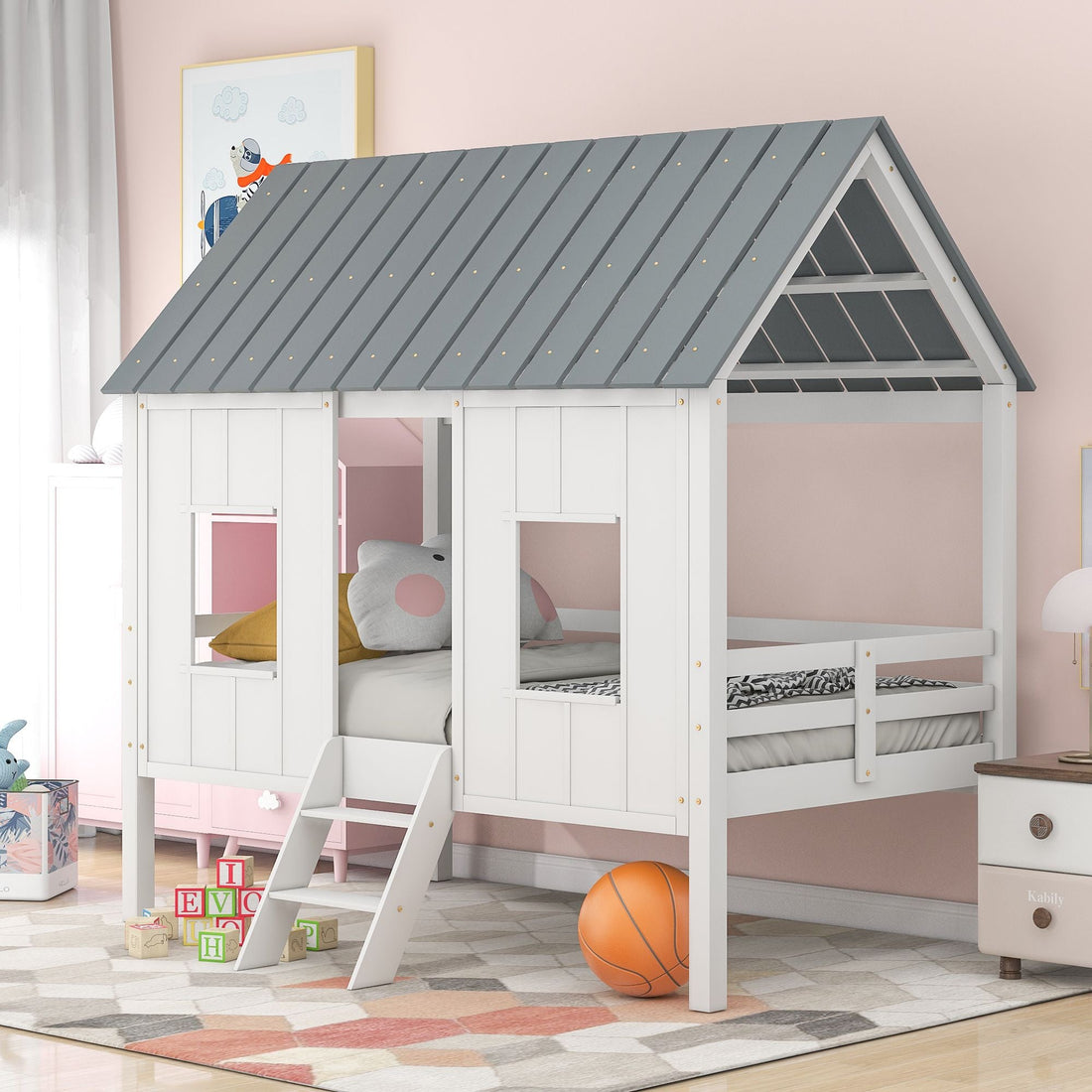 Imaginative Twin Low Loft Wood House Bed with Roof and Windows, White | Just Better Bunk Beds - Front View