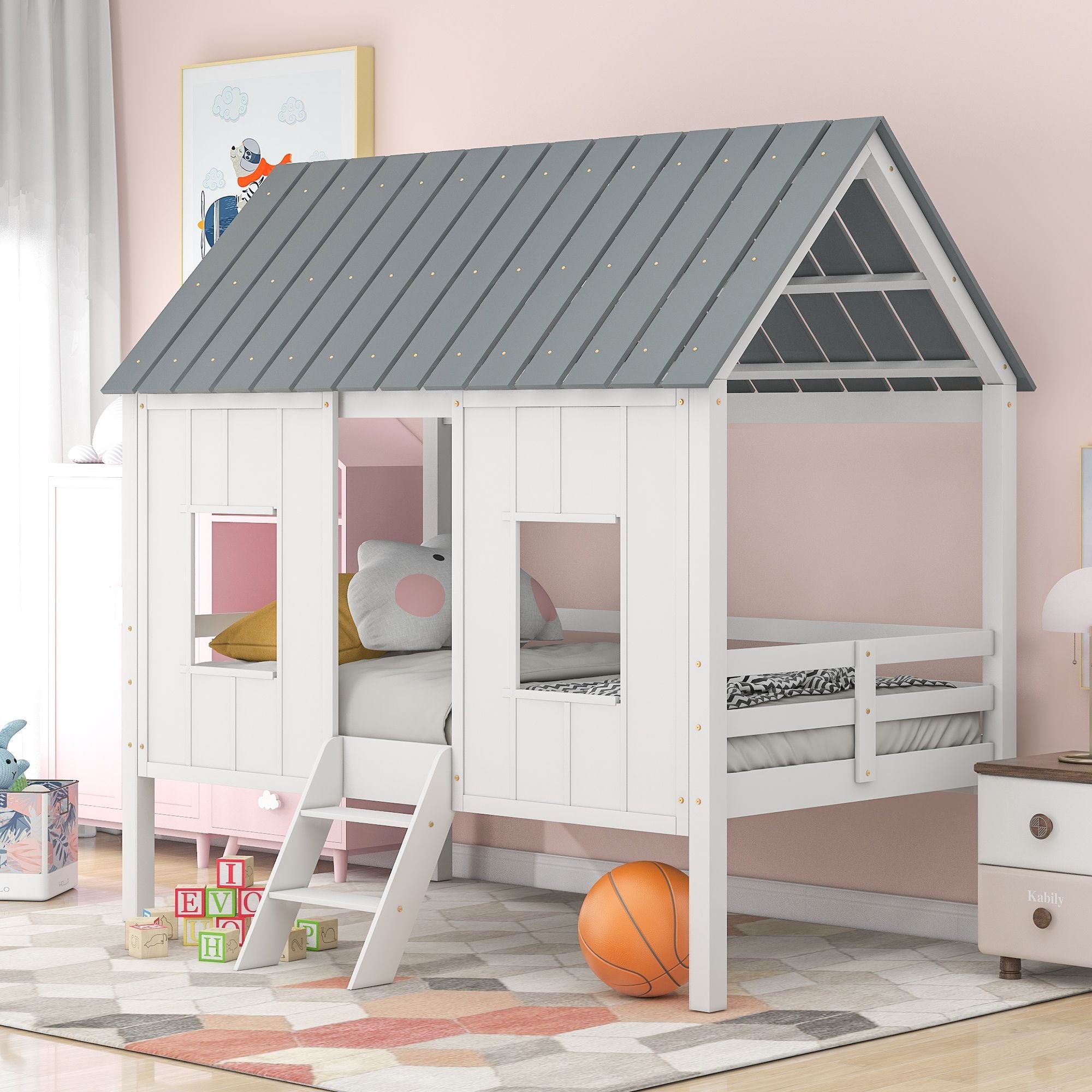 Imaginative Twin Low Loft Wood House Bed with Roof and Windows, White | Just Better Bunk Beds - Front View