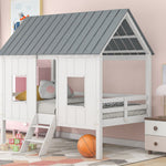 Imaginative Twin Low Loft Wood House Bed with Roof and Windows, White | Just Better Bunk Beds - View 6
