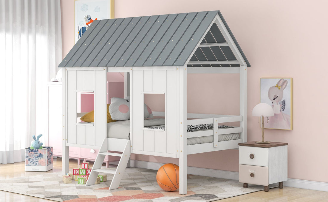 Imaginative Twin Low Loft Wood House Bed with Roof and Windows, White | Just Better Bunk Beds - View 6