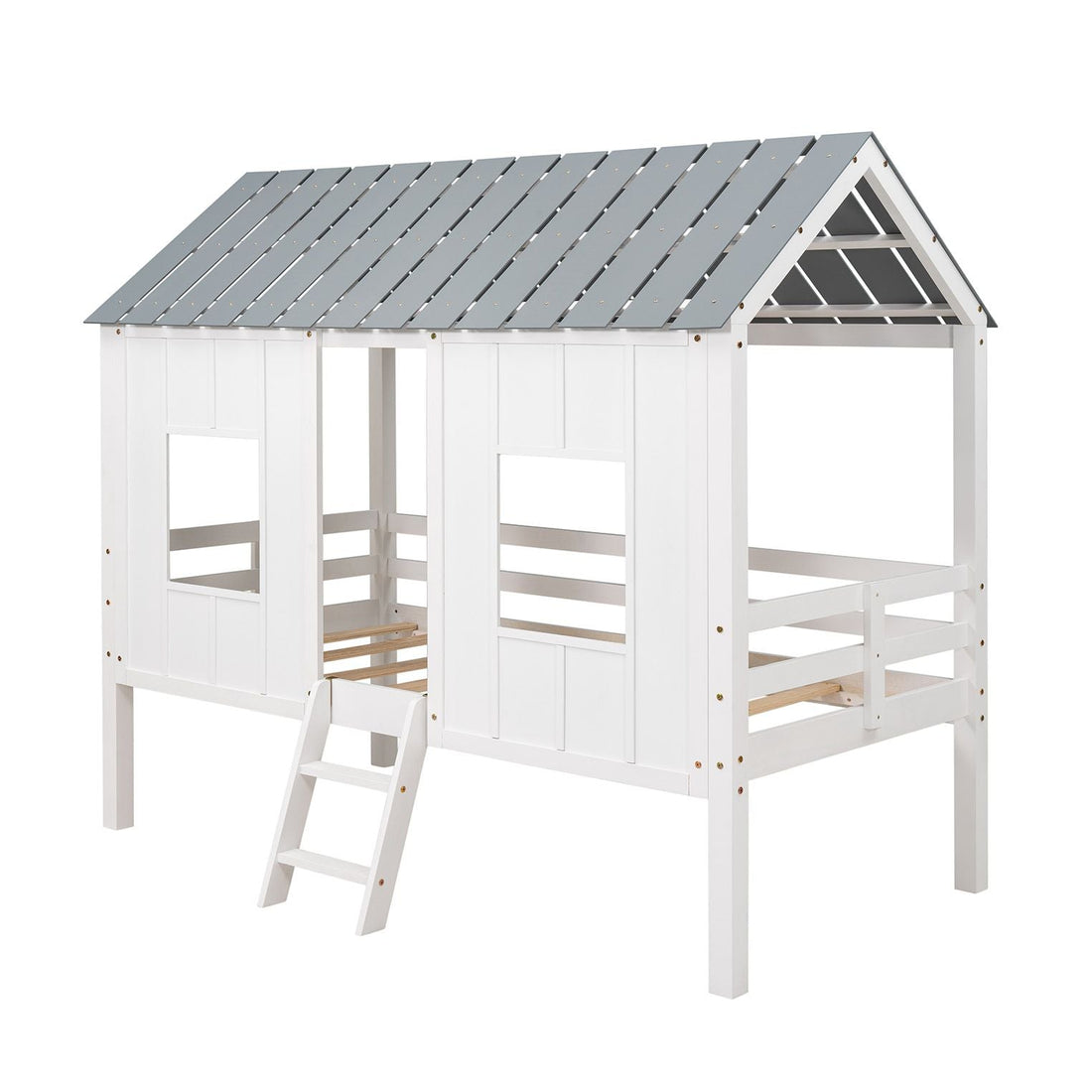 Imaginative Twin Low Loft Wood House Bed with Roof and Windows, White | Just Better Bunk Beds - Detail View