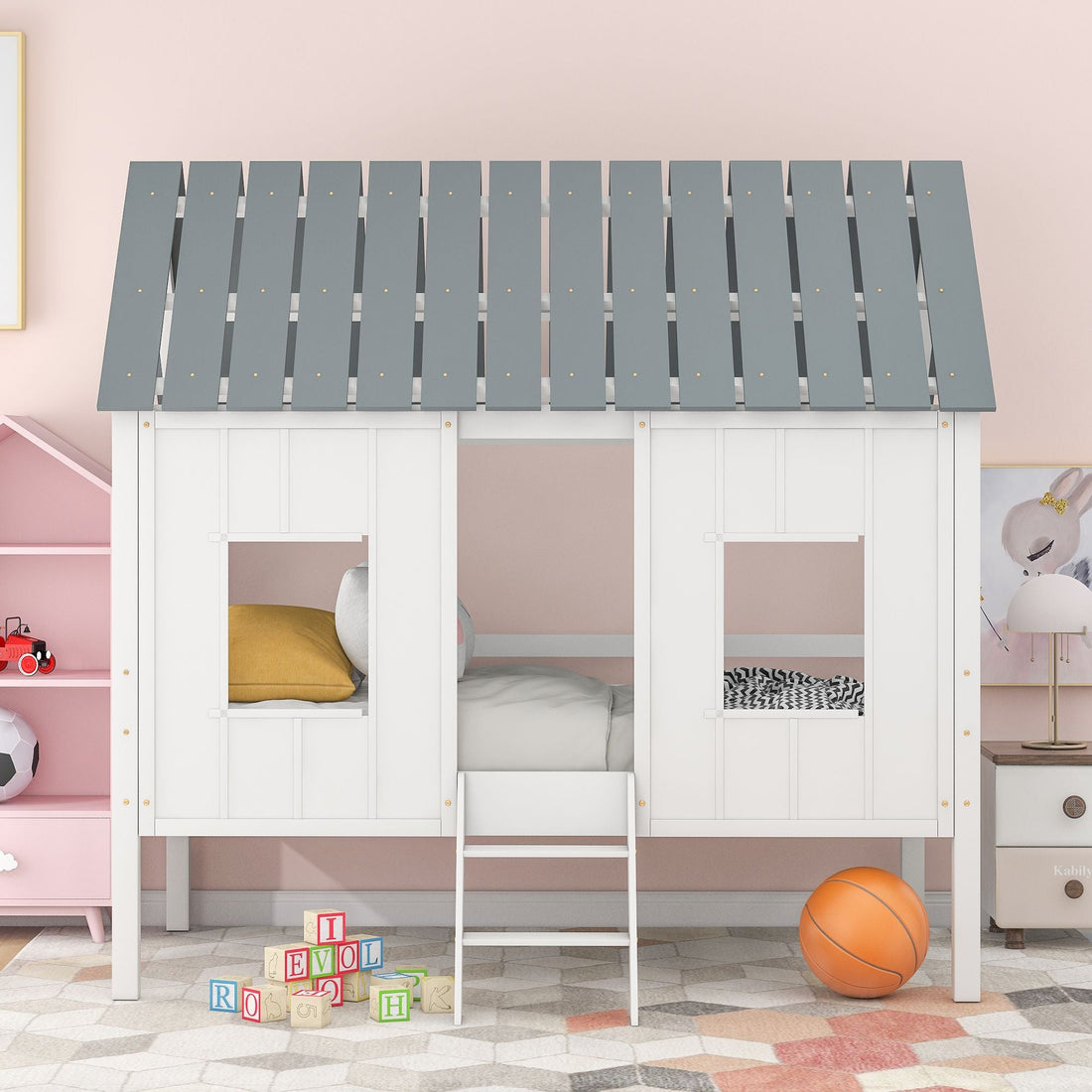 Imaginative Twin Low Loft Wood House Bed with Roof and Windows, White | Just Better Bunk Beds - View 12