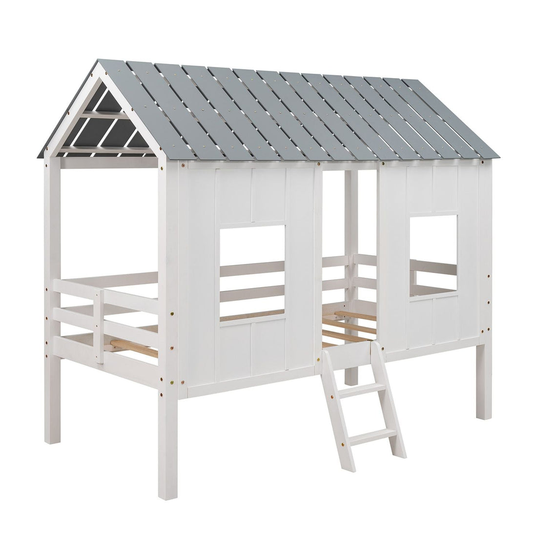 Imaginative Twin Low Loft Wood House Bed with Roof and Windows, White | Just Better Bunk Beds - View 5