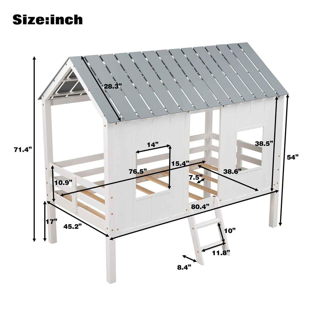 Imaginative Twin Low Loft Wood House Bed with Roof and Windows, White | Just Better Bunk Beds - View 14