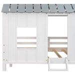 Imaginative Twin Low Loft Wood House Bed with Roof and Windows, White | Just Better Bunk Beds - Side View