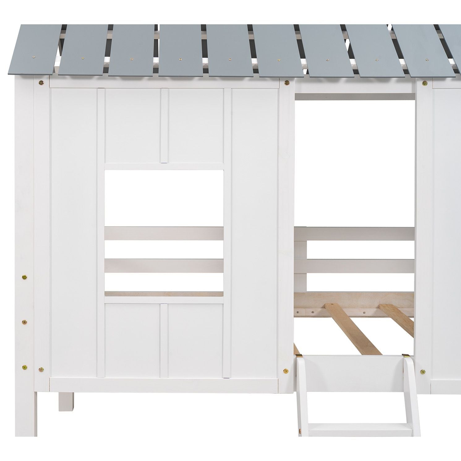 Imaginative Twin Low Loft Wood House Bed with Roof and Windows, White | Just Better Bunk Beds - Side View