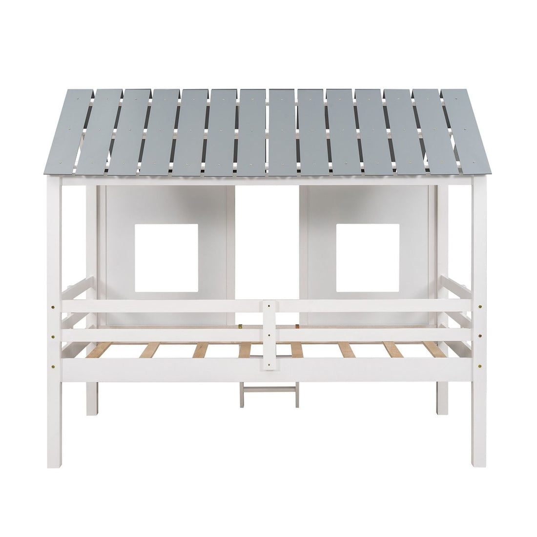 Imaginative Twin Low Loft Wood House Bed with Roof and Windows, White | Just Better Bunk Beds - View 13