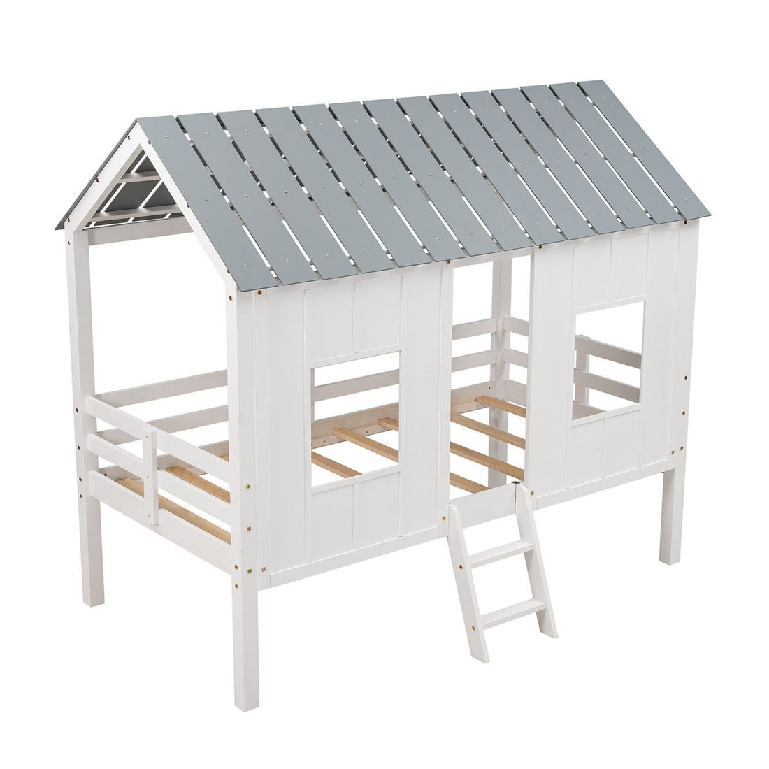 Imaginative Twin Low Loft Wood House Bed with Roof and Windows, White | Just Better Bunk Beds - View 8